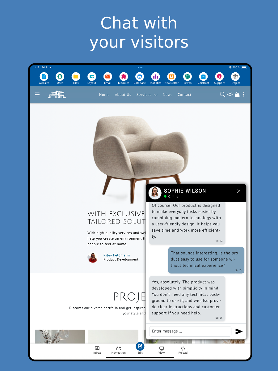 Chat with visitors in the Website Builder App – Tablet view
