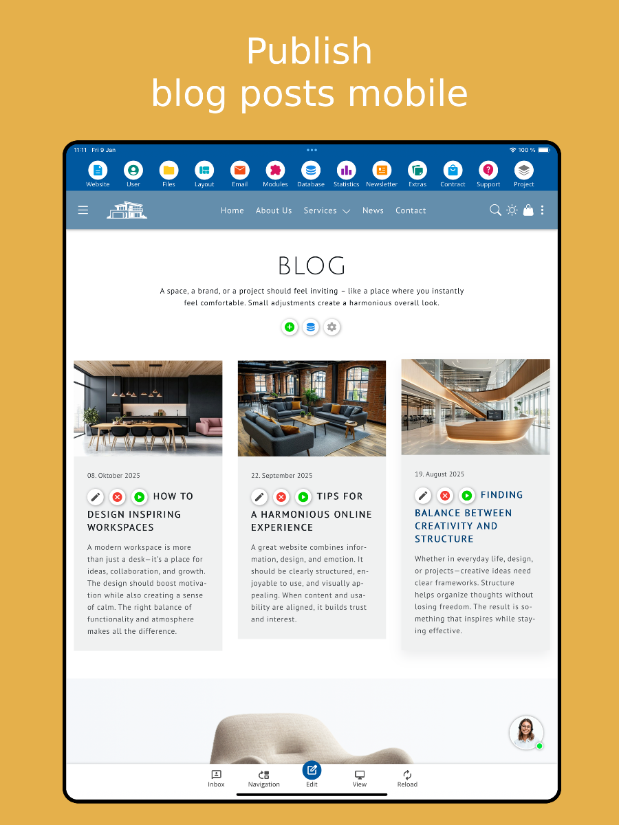 Manage blog articles on mobile – Tablet display