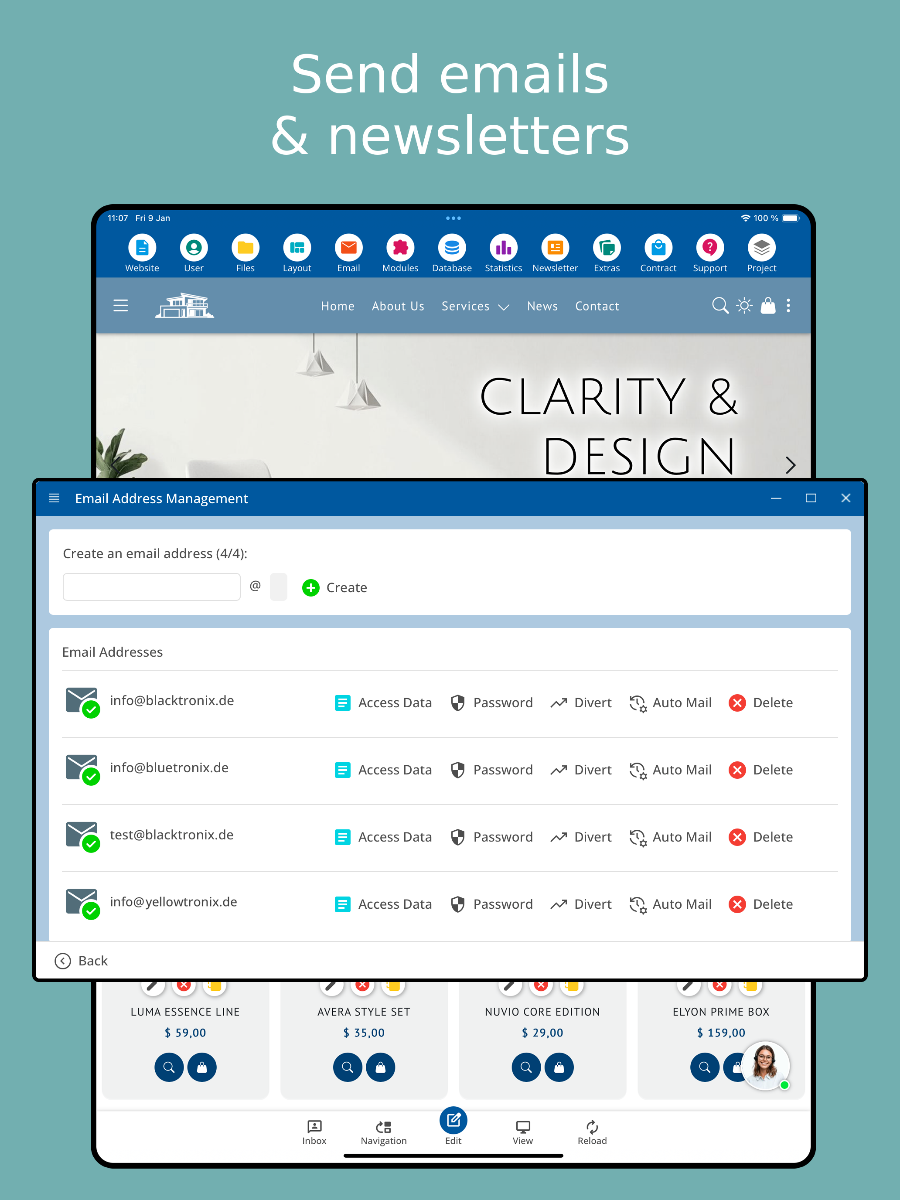 Newsletter sending via the app – Tablet view