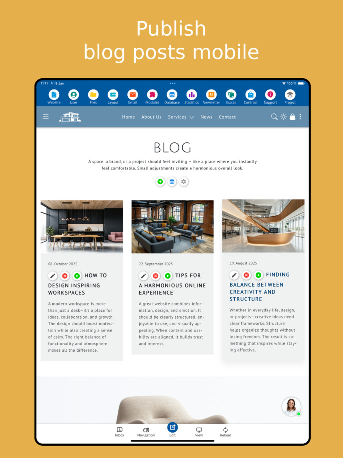 Manage blog articles on mobile – Tablet display