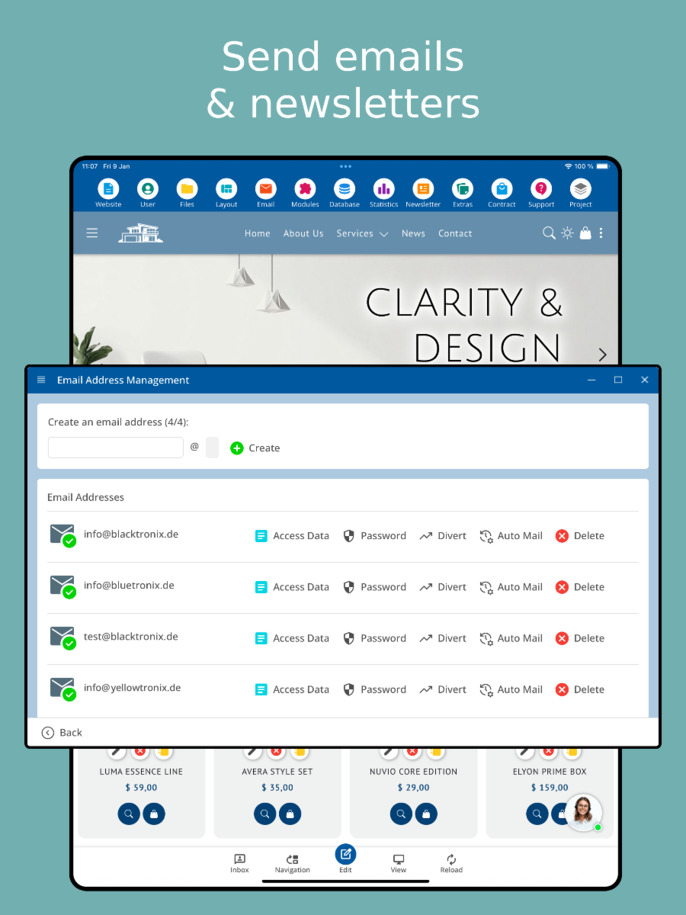 Newsletter sending via the app – Tablet view