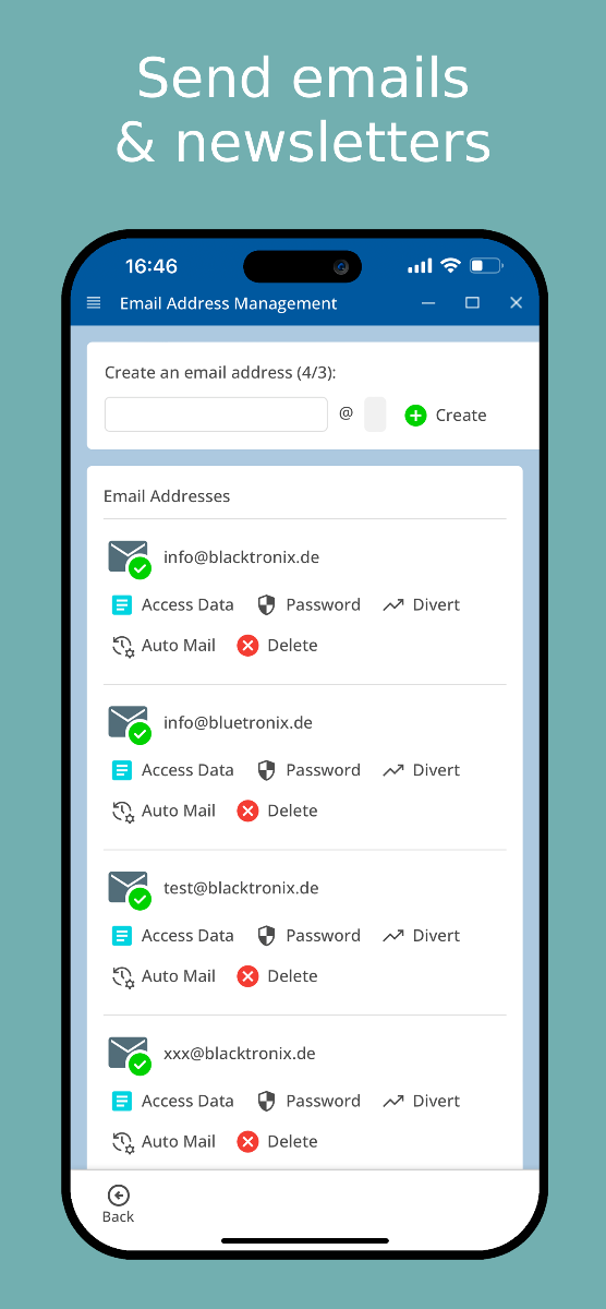 Send newsletters and emails via app – mobile view