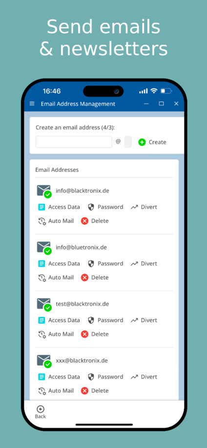 Send newsletters and emails via app – mobile view