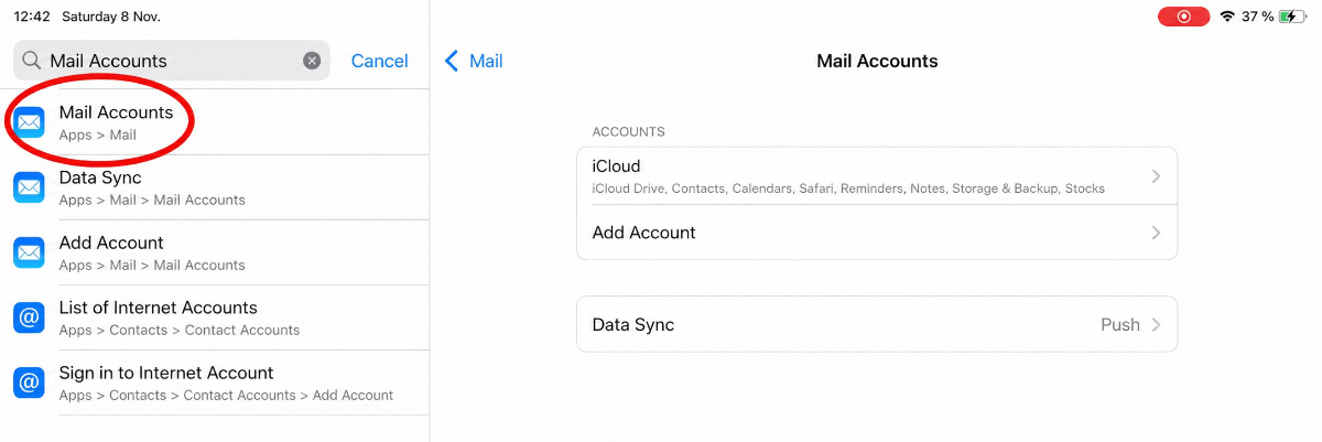 iPad Einstellungen mit Suchergebnis Mail-Accounts