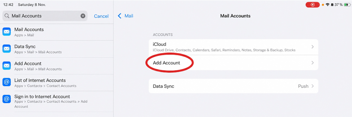 iPad Mail-Accounts Übersicht mit markiertem Eintrag Account hinzufügen