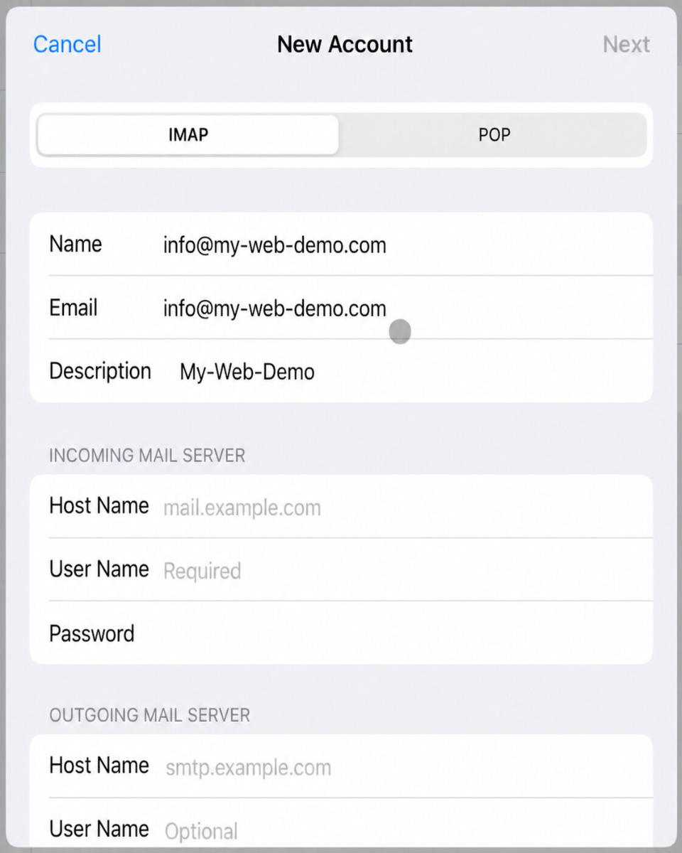 iPad IMAP Eingabemaske mit Feldern für Hostname, Benutzername und Passwort