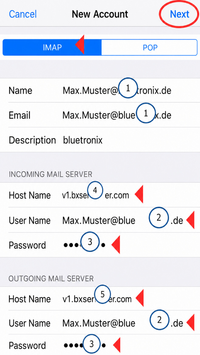 iPhone IMAP-Einstellungen mit markierten Feldern für Hostname, Benutzername und Passwort